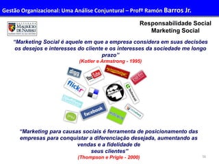 56
Administração de Recursos Humanos I
Responsabilidade Social
Marketing Social
“Marketing Social é aquele em que a empresa considera em suas decisões
os desejos e interesses do cliente e os interesses da sociedade me longo
prazo’’
(Kotler e Armstrong - 1995)
“Marketing para causas sociais é ferramenta de posicionamento das
empresas para conquistar a diferenciação desejada, aumentando as
vendas e a fidelidade de
seus clientes’’
(Thompson e Prigle - 2000)
Gestão Organizacional: Uma Análise Conjuntural – Profº Ramón Barros Jr.
 
