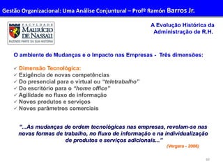 60
Administração de Recursos Humanos I
A Evolução Histórica da
Administração de R.H.
O ambiente de Mudanças e o Impacto nas Empresas - Três dimensões:
 Dimensão Tecnológica:
 Exigência de novas competências
 Do presencial para o virtual ou “teletrabalho”
 Do escritório para o “home office”
 Agilidade no fluxo de informação
 Novos produtos e serviços
 Novos parâmetros comerciais
“...As mudanças de ordem tecnológicas nas empresas, revelam-se nas
novas formas de trabalho, no fluxo de informação e na individualização
de produtos e serviços adicionais...”
(Vergara - 2006)
Gestão Organizacional: Uma Análise Conjuntural – Profº Ramón Barros Jr.
 