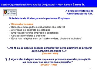 61
A Evolução Histórica da
Administração de R.H.
O Ambiente de Mudanças e o Impacto nas Empresas
 Dimensão humana:
 Relação empregador-colaborador: não estável
 Alteração do contrato psicológico
 Empregador oferta emprego e benefícios
 Colaborador oferta o trabalho
 Ética nas relações com os “stakeholders, diretos e indiretos”
“...Há 15 ou 20 anos as pessoas perguntavam como poderiam se preparar
para a próxima promoção [...]”
(Drucker - 1989)
“[...] Agora elas indagam sobre o que elas precisam aprender para ajudá-
las onde quer que elas venham a trabalhar”
(Drucker - 1989)
Gestão Organizacional: Uma Análise Conjuntural – Profº Ramón Barros Jr.
 