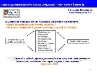 68
Administração de Recursos Humanos I
A Evolução Histórica da
Administração de R.H.
A Gestão de Pessoas em um Ambiente Dinâmico e Competitivo
 Quais as tendências do mundo moderno?
 As novas tendências sugerem mudanças na A.R.H.? Quais?
Tendências Atuais
do Mundo Moderno
 Globalização
 Tecnologia
 Informação
 Conhecimento
 Serviços
 Ênfase no Cliente
 Qualidade
 Produtividade
 Competitividade
Gestão de Pessoas
 “... O terceiro milênio aponta para mudanças cada vez mais velozes e
intensas no ambiente, nas organizações e nas pessoas.”
(Chiavenato - 1993)
Gestão Organizacional: Uma Análise Conjuntural – Profº Ramón Barros Jr.
 