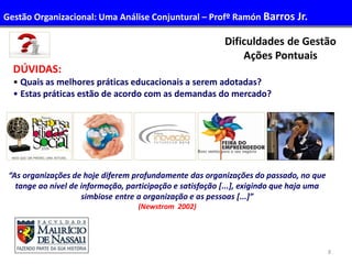 8
“As organizações de hoje diferem profundamente das organizações do passado, no que
tange ao nível de informação, participação e satisfação [...], exigindo que haja uma
simbiose entre a organização e as pessoas [...]”
(Newstrom 2002)
DÚVIDAS:
• Quais as melhores práticas educacionais a serem adotadas?
• Estas práticas estão de acordo com as demandas do mercado?
Dificuldades de Gestão
Ações Pontuais
Gestão Organizacional: Uma Análise Conjuntural – Profº Ramón Barros Jr.
 