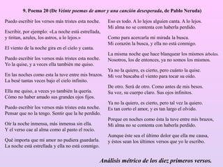9. Poema 20 (De Veinte poemas de amor y una canción desesperada, de Pablo Neruda)
Puedo escribir los versos más tristes esta noche.
Escribir, por ejemplo: «La noche está estrellada,
y tiritan, azules, los astros, a lo lejos.»
El viento de la noche gira en el cielo y canta.
Puedo escribir los versos más tristes esta noche.
Yo la quise, y a veces ella también me quiso.
En las noches como esta la tuve entre mis brazos.
La besé tantas veces bajo el cielo infinito.
Ella me quiso, a veces yo también la quería.
Cómo no haber amado sus grandes ojos fijos.
Puedo escribir los versos más tristes esta noche.
Pensar que no la tengo. Sentir que la he perdido.
Oír la noche inmensa, más inmensa sin ella.
Y el verso cae al alma como al pasto el rocío.
Qué importa que mi amor no pudiera guardarla.
La noche está estrellada y ella no está conmigo.
Eso es todo. A lo lejos alguien canta. A lo lejos.
Mi alma no se contenta con haberla perdido.
Como para acercarla mi mirada la busca.
Mi corazón la busca, y ella no está conmigo.
La misma noche que hace blanquear los mismos árboles.
Nosotros, los de entonces, ya no somos los mismos.
Ya no la quiero, es cierto, pero cuánto la quise.
Mi voz buscaba el viento para tocar su oído.
De otro. Será de otro. Como antes de mis besos.
Su voz, su cuerpo claro. Sus ojos infinitos.
Ya no la quiero, es cierto, pero tal vez la quiero.
Es tan corto el amor, y es tan largo el olvido.
Porque en noches como ésta la tuve entre mis brazos,
Mi alma no se contenta con haberla perdido.
Aunque éste sea el último dolor que ella me causa,
y éstos sean los últimos versos que yo le escribo.
Análisis métrico de los diez primeros versos.
 