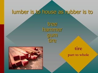 lumber is to house as rubber is to
tree
hammer
gum
tire
tire
part to whole
 