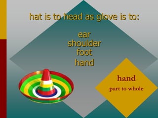 hat is to head as glove is to:
ear
shoulder
foot
hand
hand
part to whole
 