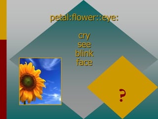 petal:flower::eye:
cry
see
blink
face
face
part to whole
?
 