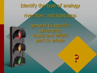 Identify the type of analogy
river:flow::red light:stop
general to specific
synonyms
cause and effect
part to whole
cause and effect
?
 