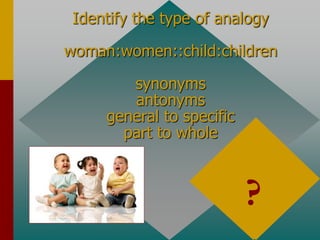 Identify the type of analogy
woman:women::child:children
synonyms
antonyms
general to specific
part to whole
synonyms
(singular to plural)
?
 