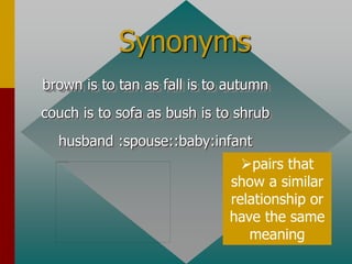 Synonyms
brown is to tan as fall is to autumn
couch is to sofa as bush is to shrub
husband :spouse::baby:infant
pairs that
show a similar
relationship or
have the same
meaning
 