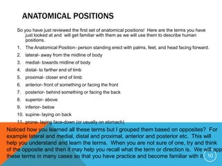 ANATOMICAL POSITIONS
So you have just reviewed the first set of anatomical positions! Here are the terms you have
just looked at and will get familiar with them as we will use them to describe human
positions.
1. The Anatomical Position- person standing erect with palms, feet, and head facing forward.
2. lateral- away from the midline of body
3. medial- towards midline of body
4. distal- to farther end of limb
5. proximal- closer end of limb
6. anterior- front of something or facing the front
7. posterior- behind something or facing the back
8. superior- above
9. inferior- below
10. supine- laying on back
11. prone- laying face-down (or usually on stomach)

Noticed how you learned all these terms but I grouped them based on opposites? For
example lateral and medial, distal and proximal, anterior and posterior etc. This will
help you understand and learn the terms. When you are not sure of one, try and think
of the opposite and then it may help you recall what the term or direction is. We will app
these terms in many cases so that you have practice and become familiar with it. 10

 