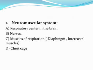 2 – Neuromuscular system:
A) Respiratory center in the brain.
B) Nerves.
C) Muscles of respiration.( Diaphragm , intercostal
muscles)
D) Chest cage
 
