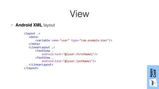 View
• Android XML layout
<layout …>
<data>
<variable name="user" type="com.example.User"/>
</data>
<LinearLayout …>
<TextView …
android:text="@{user.firstName}"/>
<TextView …
android:text="@{user.lastName}"/>
</LinearLayout>
</layout>
 
