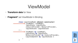 ViewModel
• Transform data for View
• Fragment* set ViewModel in Binding
class LoginViewModel @Inject constructor( 
viewModel: ViewModel, 
loginState: LoginState,
resourceProvider: ResourceProvider,
loginUseCase: LoginUseCase 
) : 
ViewModel by viewModel, 
LoginState by loginState, 
ResourcesProvider by resourceProvider, 
LoginComponent by loginUseCase {
…
}
 
