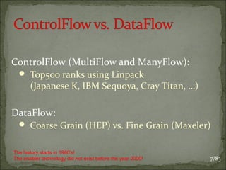 ControlFlow (MultiFlow and ManyFlow):
 Top500 ranks using Linpack

(Japanese K, IBM Sequoya, Cray Titan, …)

DataFlow:
 Coarse Grain (HEP) vs. Fine Grain (Maxeler)
The history starts in 1960's!
The enabler technology did not exist before the year 2000!

7/83

 