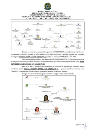 MINISTÉRIO DA JUSTIÇA
DEPARTAMENTO DE POLÍCIA FEDERAL
SUPERINTENDÊNCIA REGIONAL NO PARANÁ
DELEGACIA REGIONAL DE COMBATE AO CRIME ORGANIZADO
NÚCLEO DE ANÁLISE – GT/LAVAJATO/DRCOR/SR/DPF/PR
Página 3 de 8
Destaca-se inicialmente que o ex-sócio-gerente, DAVID COPPOLA, possui 2 vínculos indiretos com
o investigado ROBERTO TROMBETA, CPF 044.795.788-03, bem como outros 2 vínculos indiretos com o também
investigado RODRIGO MORALES, CPF 097.656.478-59, ambos no âmbito da OPERAÇÃO LAVAJATO.
As investigações identificaram que apesar de RICARDO HONORIO NETO figurar exclusivamente
sozinho no quadro social, a referida empresa é de fato administrada por cidadã panamenha identificada como MARIA
MERCEDES RIANO QUIJANO, CPF 220.295.478-32.
Além de RICARDO, identificou-se que trabalham em comunhão de objetivos junto à empresa pessoa
identificada como RENATA PEREIRA BRITTO, CPF 312.628.478-77, e pessoa identificada apenas como
“RODRIGO”, possivelmente também cidadão panamenho residente em território brasileiro.
A seguir será apresentado o diagrama contendo a relação hierárquica supracitada.
 