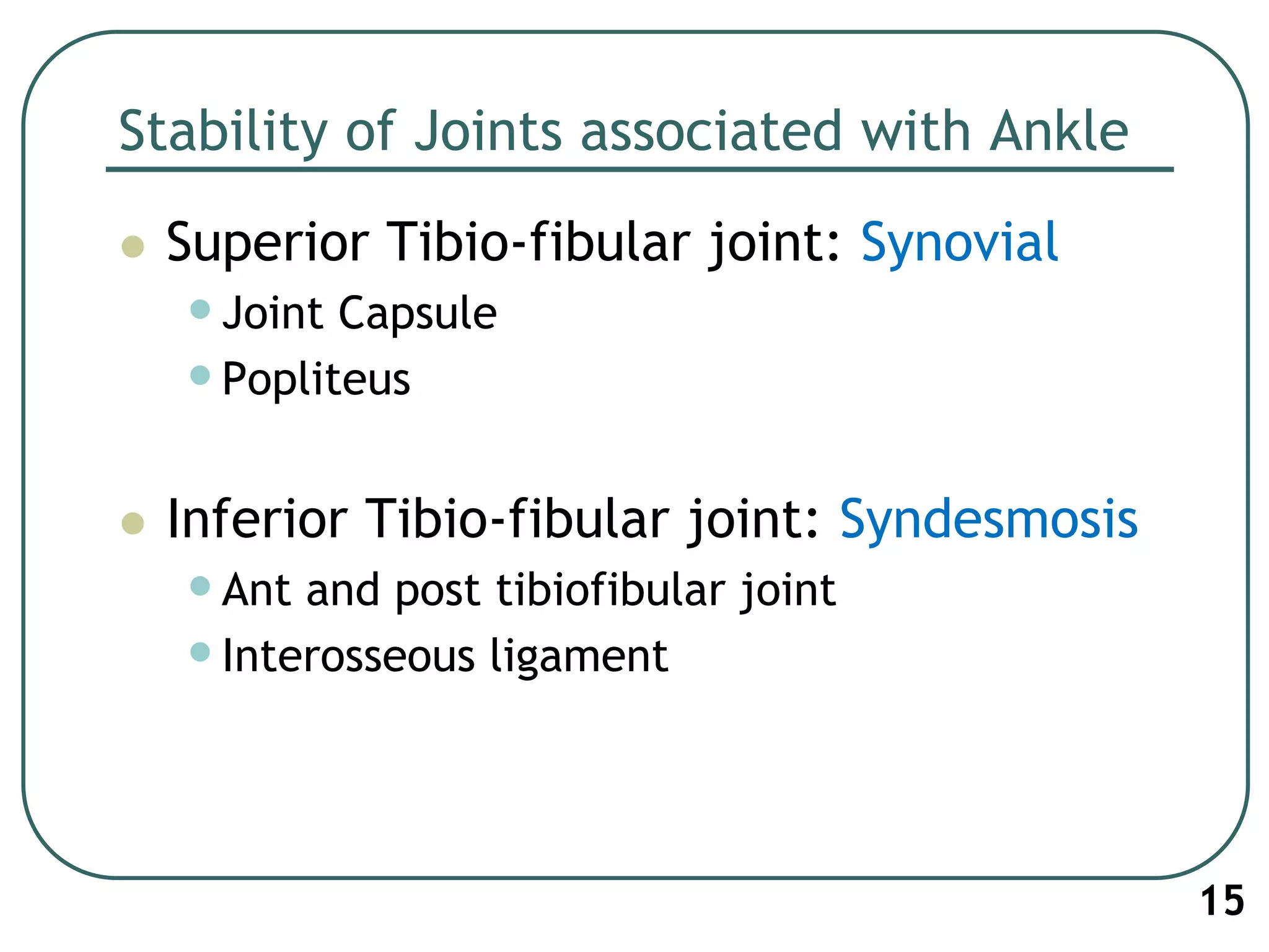 Stability of Joints associated with Ankle
 Superior Tibio-fibular joint: Synovial
•Joint Capsule
•Popliteus
 Inferior Tibio-fibular joint: Syndesmosis
•Ant and post tibiofibular joint
•Interosseous ligament
15
 