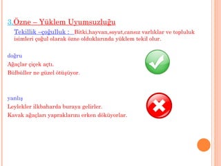 3. Özne – Yüklem Uyumsuzluğu Tekillik –çoğulluk :  Bitki,hayvan,soyut,cansız varlıklar ve topluluk isimleri çoğul olarak özne olduklarında yüklem tekil olur. doğru Ağaçlar çiçek açtı. Bülbüller ne güzel ötüşüyor. yanlış Leylekler ilkbaharda buraya gelirler. Kavak ağaçları yapraklarını erken döküyorlar. 