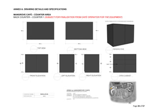 ANNEX A: DRAWING DETAILS AND SPECIFICATIONS
Page 20 of 57
MANGROVE CAFÉ – COUNTER AREA
BACK COUNTER – COUNTER 1 (SUBJECT FOR FINALIZATION FROM CAFÉ OPERATOR FOR THE EQUIPMENT)
 