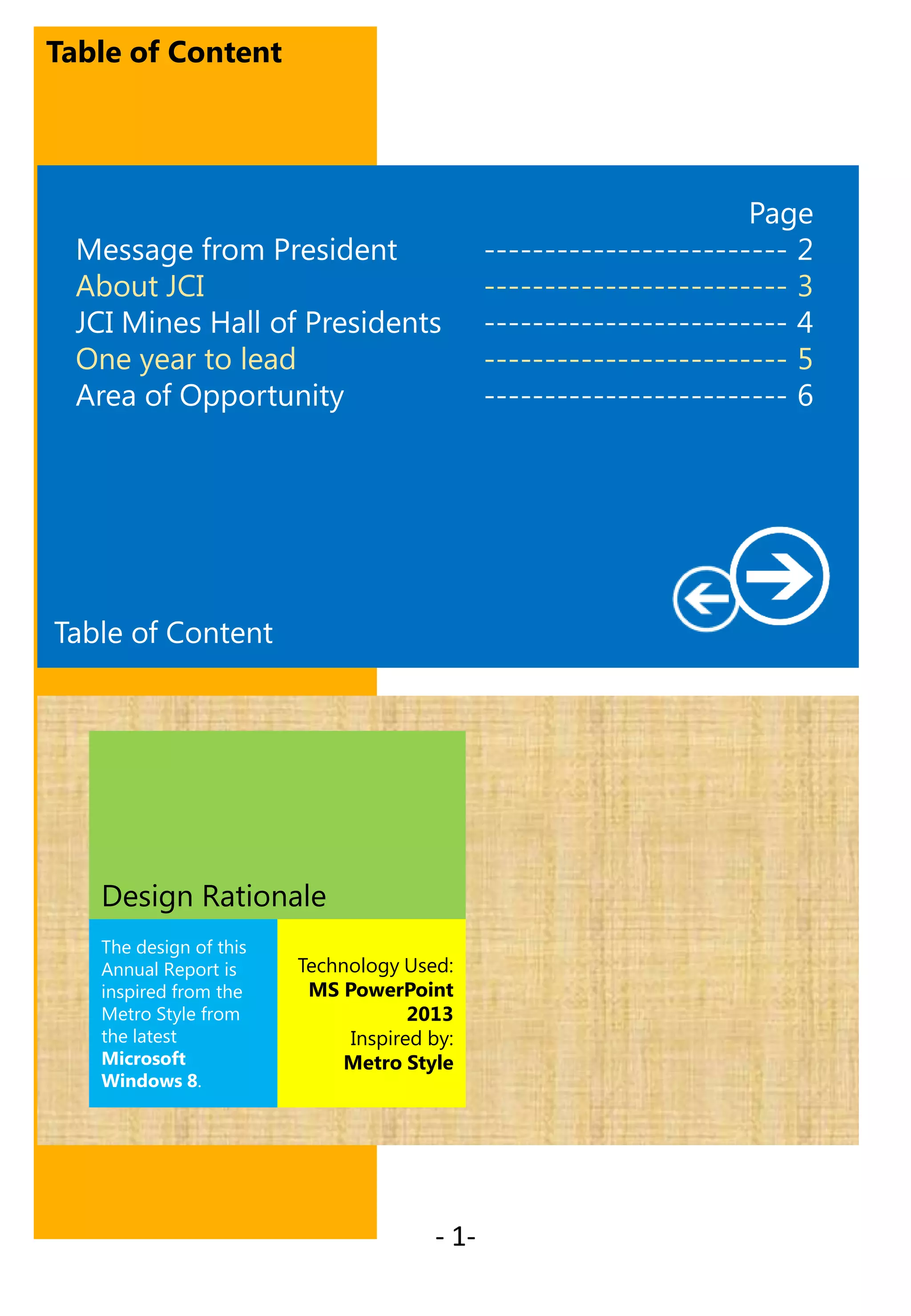 Table of Content

Message from President
About JCI
JCI Mines Hall of Presidents
One year to lead
Area of Opportunity

Table of Content

Design Rationale
The design of this
Annual Report is
inspired from the
Metro Style from
the latest
Microsoft
Windows 8.

Technology Used:
MS PowerPoint
2013
Inspired by:
Metro Style

- 1-

Page
------------------------- 2
------------------------- 3
------------------------- 4
------------------------- 5
------------------------- 6

 
