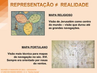MAPA RELIGIOSO Visão de Jerusalém como centro do mundo – visão que durou até as grandes navegações. MAPA PORTULANO Visão mais técnica para mapas de navegação no séc. XVI. Sempre era orientado por rosas do ventos.  