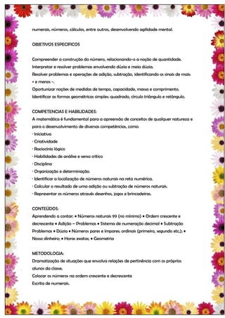numerais, números, cálculos, entre outros, desenvolvendo agilidade mental.


OBJETIVOS ESPECIFICOS


Compreender a construção do número, relacionando-o a noção de quantidade.
Interpretar e resolver problemas envolvendo dúzia e meia dúzia.
Resolver problemas e operações de adição, subtração, identificando os sinais de mais:
+ e menos -.
Oportunizar noções de medidas de tempo, capacidade, massa e comprimento.
Identificar as formas geométricas simples: quadrado, círculo triângulo e retângulo.


COMPETENCIAS E HABILIDADES:
A matemática é fundamental para a apreensão de conceitos de qualquer natureza e
para o desenvolvimento de diversas competências, como:
· Iniciativa
· Criatividade
· Raciocínio lógico
· Habilidades de análise e senso crítico
· Disciplina
· Organização e determinação.
· Identificar a localização de números naturais na reta numérica.
· Calcular o resultado de uma adição ou subtração de números naturais.
· Representar os números através desenhos, jogos e brincadeiras.


CONTEÚDOS:
Aprendendo a contar; • Números naturais 99 (no mínimo) • Ordem crescente e
decrescente • Adição – Problemas • Sistema de numeração decimal • Subtração
Problemas • Dúzia • Números pares e ímpares; ordinais (primeiro, segundo etc.); •
Nosso dinheiro; • Horas exatas; • Geometria


METODOLOGIA:
Dramatização de situações que envolva relações de pertinência com os próprios
alunos da classe.
Colocar os números na ordem crescente e decrescente
Escrita de numerais.
 