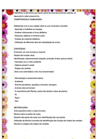 -Identificar os elementos que fazem parte da natureza (animais, plantas, ar,
água,solo) e saber preservá-los.
COMPETENCIAS E HABILIDADES:


Debatendo com os seus colegas sobre as suas conclusões e duvidas.
· Aprender a trabalhar em equipe;
· Analisar criticamente os livros didáticos,
· Pesquisar, elaborar e ministrar aulas;
· Criação de materiais didáticos;
· Utilização de diferentes tipos de metodologia de ensino;


CONTEÚDOS:
O homem: ser vivo humano e racional
Noções das funções vitais,
identificação, relacionamento (respeito, amizade, limites, postura ética).
· Interação com o meio ambiente
· Higiene pessoal e saúde
. Órgãos dos sentidos
.Seres vivos (animados) e não vivos (inanimados)
.
· Alimentação e saneamento básico.
· Ambiente
· Animais domésticos, aquáticos, terrestres, selvagens.
. Animais úteis ao homem
· A importância das Plantas, partes das plantas e tipos de plantas
· Ar
· Água
· Solo


METODOLOGIA:
Aula expositiva sobre o corpo humano.
Músicas sobre as partes do corpo.
Desenho das partes do corpo com identificação das suas partes.
Utilização de técnicas concretas da identificação das funções dos órgãos dos sentidos.
Recortes e colagens dos órgãos dos sentidos.
 