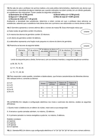 13) Na sala de aula o professor de química realizou uma aula prática demonstrativa, objetivando aos alunos que conhecessem a densidade de alguns materiais que, quando colocados na ordem correta, em um cilindro graduado, as substâncias não misturariam. Foram usadas as seguintes substâncias: 
a) Querosene (d = 0,765 g/cm3) 
b) Água (d = 1,00 g/cm3) 
c) Glucose de milho (d = 1,44 g/cm3) 
d) Álcool etílico (d = 0,789 g/cm3) 
e) Óleo de soja (d = 0,891 g/cm3) 
Analisando a densidade das substâncias, determine a ordem correta em que o professor deve adicionar as substâncias, sabendo que a substância mais densa deve ser a primeira a ser adicionada e a menos densa a última. 
14) O Germânio apresenta o número atômico 32 e o número de massa 72. Essa informação indica que: 
a) Cada núcleo de germânio contém 32 prótons. 
b) A maioria dos átomos de germânio contém 32 nêutrons. 
c) Um átomo de germânio contém 42 elétrons. 
d) a eletrosfera representa uma fração muito pequena no volume do átomo de germânio. 
15) Preencha as lacunas da seguinte tabela: 
Elemento 
Nº de prótons 
Nº de elétrons do átomo no seu estado fundamental 
Nº de nêutrons 
Nº de massa 
Re 
75 
75 
111 
186 
Fe 
26 
26 
30 
56 
Lendo da esquerda para a direita, formar-se-á, com os números inseridos, a seguinte sequência numérica: 
a) 56, 56, 75, 75. 
b) 111, 75, 56, 26. 
c) 75, 111, 26, 56. 
16) Para responder a esta questão, considere a tabela abaixo, que fornece características de diferentes átomos. São isótopos entre si, somente os átomos: 
a) I e II 
b) I e III 
c) I e IV 
d) II e III 
e) III e IV 
17) (UFSM-RS) Em relação à configuração eletrônica nos níveis e subníveis dos átomos, analise as seguintes afirmativas: 
I. Quanto maior a distância de um elétron do núcleo, maior será a sua energia total. 
II. A terceira e quarta camadas admitem, no máximo, 32 elétrons. 
III. A primeira camada é a menos energética e pode ter, no máximo, 8 elétrons. 
Está(ão) correta(s): 
a) I apenas 
b) II apenas 
c) III apenas 
d) I e II apenas 
18) (U. Uberaba-MG) Um átomo cuja configuração eletrônica é 1s2 2s2 2p6 3s2 3p6 4s2 tem como número atômico: 
1,0 ponto 
1,0 ponto  