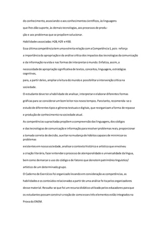do conhecimento,associando-oaosconhecimentoscientíficos,àslinguagens
que lhesdãosuporte,às demaistecnologias,aosprocessosde produ-
ção e aos problemasque se propõemsolucionar.
Habilidadesassociadas:H28,H29 e H30.
Essa últimacompetênciatemumaestreitarelaçãocomaCompetência1,pois reforça
a importânciada apropriaçãoe da análise crítica dosimpactosdas tecnologiasdacomunicação
e da informaçãonavidae nas formasde interpretaromundo.Enfatiza,assim, a
necessidadede apropriaçãosignificativade textos,conceitos,linguagens,estratégias
cognitivas,
para, a partir deles,ampliaraleituradomundoe possibilitaraintervençãocríticana
sociedade.
O estudante deve terahabilidade de analisar,interpretare elaborardiferentesformas
gráficaspara se considerarumbomleitornosnovostempos.Paratanto,recomenda-se o
estudode diferentestipose gênerostextuaise digitais,que reorganizamaforma de repasse
e produçãode conhecimentonasociedade atual.
As competênciassupracitadaspropõemacompreensãodaslinguagens,doscódigos
e dastecnologiasde comunicaçãoe informaçãopararesolverproblemasreais,proporcionar
a tomada correta de decisão, auxiliarnamudançade hábitoscapazesde minimizaros
problemas
existentesemnossasociedade,analisarocontextohistóricoe artísticoque envolveu
a criação literária,fazerentenderoprocessode atemporalidade e universalidade dalíngua,
bemcomo demarcaro uso do códigoe de fatoresque denotempatrimôniolinguístico/
artístico de um determinadogrupo.
O Cadernode Exercíciosfoi organizadolevandoemconsideraçãoascompetências,as
habilidadese osconteúdosrelacionadosapartirde uma análise feitapelosorganizadores
desse material.Ressalta-se que foi umrecursodidáticoutilizadopeloseducadoresparaque
os estudantespossamconstruiranoçãode comoessestrêselementosestãointegradosna
Provado ENEM.
 