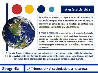 Geografia 1º Trimestre – A sociedade e a natureza
Na superfície da Terra ou muito próximo dela, no interior da
litosfera, encontram-se os recursos minerais e energéticos que
alimentam as complexas organizações econômicas.
A superfície da Terra se modifica em ritmo lento por forças
endógenas e exógenas, isto é, forças internas sustentam o
relevo e as forças externas modelam o mesmo.
A diversidade de fisionomias dos ambientes naturais existentes
na Terra são fruto das diferenças de atuação no jogo de ações e
reações estabelecidas entre a litosfera, a hidrosfera e a
atmosfera. A distribuição da vida na Terra é altamente
condicionada pelos terrenos, pelos climas e pelas águas,
recursos naturais essenciais à vida.
O Planeta Terra:
um corpo dinâmico
 