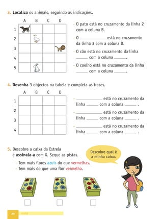 20
3. Localiza os animais, seguindo as indicações.
- O pato está no cruzamento da linha 2
com a coluna B.
- O está no cruzamento
da linha 3 com a coluna D.
- O cão está no cruzamento da linha
com a coluna .
- O coelho está no cruzamento da linha
com a coluna .
4. Desenha 3 objectos na tabela e completa as frases.
- está no cruzamento da
linha com a coluna .
- está no cruzamento da
linha com a coluna .
- está no cruzamento da
linha com a coluna .
5. Descobre a caixa da Estrela
e assinala-a com X. Segue as pistas.
- Tem mais ﬂores azuis do que vermelhas.
- Tem mais do que uma ﬂor vermelha.
vinte
Descobre qual é
a minha caixa.
A B C D
1
2
3
4
A B C D
1
2
3
4
5
 