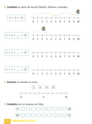 24 vinte e quatro
3. Completa os saltos do macaco Elástico. Observa o exemplo.
4. Assinala os números na recta.
5. Completa com os números em falta.
5 + 5 = 10
1 2 3 4 5 6 7 8 9 10
0
3 + 3 + = 10
1 2 3 4 5 6 7 8 9 10
0
1 2 3 4 5 6 7 8 9 10
0
1 2 3 4 5 6 7 8 9 10
0
4 + 3 + = 10
4 + 4 + = 10
5 10
0
1 4 6 9
0 10
10 0
 