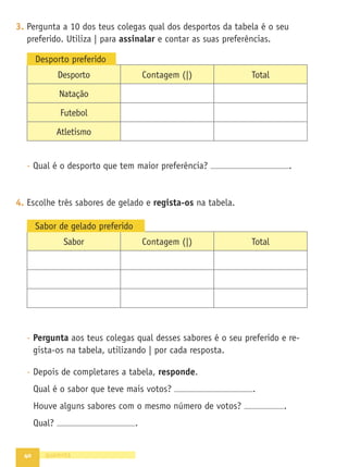 34 trinta e quatro
2. Os animais adoram saltar.
- Completa os saltos da rã, de 2 em 2. Quantos saltos poderá dar?
- Completa agora os saltos do esquilo, de 4 em 4.
- Será que o esquilo pode dar tantos saltos como a rã? .
- Qual destes dois animais deu mais saltos? .
Quantos a mais?
- Repara agora nos saltos da raposa. Continua-os até ao 20.
Quantos saltos deu ela?
- Quem deu menos saltos? A raposa ou a rã? .
Quantos a menos?
1 2 3 4 5 6 7 8 9 10 11 12 13 14 15 16 17 18 19 20
0
1 2 3 4 5 6 7 8 9 10 11 12 13 14 15 16 17 18 19 20
0
1 2 3 4 5 6 7 8 9 10 11 12 13 14 15 16 17 18 19 20
0
 