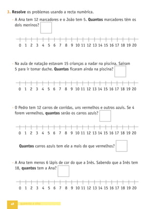 41
•
A
Grande
Aventura
•
Caderno
de
Fichas
•
Matemática
•
1.º
ano
Texto
NOME DATA - -
1. Os alunos do 1.º A estiveram
a contar cubos e construíram
torres com eles. Observa
o registo que ﬁzeram em
papel quadriculado.
- Qual é a torre que deves juntar à de 2 cubos para formares uma com 10
cubos? . Pinta essa torre com uma cor à tua escolha.
- Se juntares a torre de 3 cubos com a de 4, qual é a torre que formas?
Completa.
3 + 4 = = 3 + 4
Pinta essa torre de cor-de-laranja.
- Qual é a torre que deves juntar à de 10 cubos para formares uma com
14 cubos? .
- Pinta agora a torre de 14 cubos de castanho.
- Completa.
10 + = 14 14 = 10 + 14 = + 10
quarenta e um
FICHA 20 AVENTURA 4
1 2 3 4 5 6 7 8 9 10 11 12 13 14 15
Composição e decomposição de números
Resolução de problemas
 