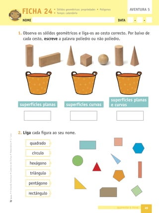 42 quarenta e dois
2. Resolve os problemas.
O Ulisses tinha 6 folhas no seu herbário. Num passeio no campo
recolheu 3 folhas. Quando chegou à escola, deu 2 à Estrela e 2 à Ana.
Com quantas folhas ﬁcou?
Numa árvore do jardim da escola estão pousados 5 pássaros. Chegam
2, mas vão-se embora 3. Quantos pássaros ﬁcaram pousados na árvore?
3. A Estrela entrou com a mãe numa loja de animais. Lá encontraram 2 cães
serra da Estrela, 6 perdigueiros e 3 caniches.
- Na tabela que se segue,
representa o número
de cães de cada raça.
Usa | por cada cão.
- Quantos cães viu a Estrela no total? Explica como pensaste. Podes usar
desenhos.
Raça Contagem (|) Total
Serra da Estrela
Perdigueiro
Caniche
Cães na loja de animais
 