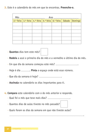 43
•
A
Grande
Aventura
•
Caderno
de
Fichas
•
Matemática
•
1.º
ano
Texto
NOME DATA - -
1. O Ulisses convidou a Estrela para dar um passeio de carro com ele e com
os pais. O carro só tem 4 lugares. De quantas formas diferentes se
podem sentar? Regista o teu raciocínio.
2. Representa os números nas molduras, utilizando . Completa as
expressões.
10 6
10 + 6 = 16 (de§za§s§se§i§ß)
16 = 10 + 6
10 7
10 + = ( )
= +
10 8
10 + = ( )
= +
10 9
10 + = ( )
= +
FICHA 21 AVENTURA 5
quarenta e três
Contagens e representação Números entre 15 e 20
Cálculo mental Regularidades
 