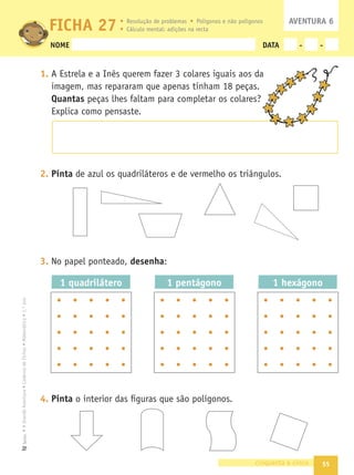 48
3. Resolve os problemas usando a recta numérica.
- A Ana tem 12 marcadores e o João tem 5. Quantos marcadores têm os
dois meninos?
1 2 3 4 5 6 7 8 9 10 11 12 13 14 15 16 17 18 19 20
0
- Na aula de natação estavam 15 crianças a nadar na piscina. Saíram
5 para ir tomar duche. Quantas ﬁcaram ainda na piscina?
1 2 3 4 5 6 7 8 9 10 11 12 13 14 15 16 17 18 19 20
0
- O Pedro tem 12 carros de corridas, uns vermelhos e outros azuis. Se 4
forem vermelhos, quantos serão os carros azuis?
1 2 3 4 5 6 7 8 9 10 11 12 13 14 15 16 17 18 19 20
0
Quantos carros azuis tem ele a mais do que vermelhos?
- A Ana tem menos 6 lápis de cor do que a Inês. Sabendo que a Inês tem
18, quantos tem a Ana?
1 2 3 4 5 6 7 8 9 10 11 12 13 14 15 16 17 18 19 20
0
quarenta e oito
 