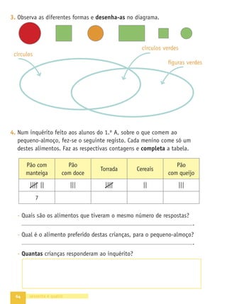 57
•
A
Grande
Aventura
•
Caderno
de
Fichas
•
Matemática
•
1.º
ano
Texto
NOME DATA - -
1. A Inês tem 12 euros no seu mealheiro e quer comprar o último livro
da sua colecção de aventuras. A madrinha pagou o que lhe faltava.
Quanto pagou a madrinha?
2. O Pedro também comprou um livro do seu herói de banda desenhada.
Para tal, usou o dinheiro que tinha no mealheiro e o que a tia lhe deu
e que está representado abaixo. Sabendo que o livro custou 28 euros,
quanto dinheiro tinha ele no mealheiro?
3. Escreve na tabela o número de moedas que podes utilizar para pagar
o valor de .
cinquenta e sete
FICHA 28 AVENTURA 6
Resolução de problemas
Dinheiro: notas, moedas e contagens
25 EUROS
 