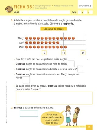 66 sessenta e seis
3. Marca os números 10, 12, 19, 26 e 38 no ﬁo de contas e, de seguida, na
recta.
0
4. Quem será que ganhou este jogo? Descobre, completando o quadro que
se segue.
5. Completa.
Tinha... Perdeu... Ficou com... Pontuação
30 10 30 – 10 =
15 9 – =
22 15 – =
49 9 – =
+2
30
–5
50
+5
10
+2
–5
+5
 