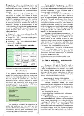 O Toyotismo – sistema ou método produtivo que
surgiu no Japão e que se baseia na produção sob
demanda, evitando assim o desperdício no processo
produtivo e a acumulação (ou encalhamento) do
estoque.
Esse método foi criado por Taiichi Ohno, um
funcionário da Toyota, uma fábrica de carros
japonesa, daí o nome Toyotismo, e a partir da década
de 1970, resultado do esgotamento dos modelos
anteriores de produção em massa, foi possível graças
as inovações tecnológicas oriundas da III Revolução
Industrial, e alinhado ao desenvolvimento de um
novo modelo econômico chamado neoliberalismo e
ao avanço da globalização, se espalhou para outras
regiões do globo, sendo ainda hoje utilizado por
diversas empresas.
• Disponível em: encurtador.com.br/afHT4.
Acesso em: 09 maio 2022.
• Disponível em: encurtador.com.br/glKOP.
Acesso em: 09 maio 2022.
• Disponível em: encurtador.com.br/vwIY7.
Acesso em: 09 maio 2022.
DIFERENÇA ENTRE TAYLORISMO, FORDISMO E
TOYOTISMO
Disponível em: encurtador.com.br/iDIY6. Acesso em: 09 maio de 2022.
O Neoliberalismo
É uma doutrina socioeconômica que retoma os
antigos ideais do liberalismo clássico ao preconizar a
mínima intervenção do Estado na economia, através
de sua retirada do mercado, que, em tese,
autorregular-se-ia e regularia também a ordem
econômica. Sua implantação pelos governos de
vários países iniciou-se na década de 1970, como
principal resposta à Crise do Petróleo.
Os neoliberais combatem, principalmente, a
política do Estado de Bem-Estar social, um dos
preceitos básicos da social democracia e um dos
instrumentos utilizados pelo Keynesianismo para
combater a crise econômica iniciada em 1929.
Nessa política, apregoava-se a máxima
intervenção do Estado na economia, fortalecendo as
leis trabalhistas a fim de aumentar a potencialidade do
mercado consumidor, o que contribuía para o
escoamento das produções fabris.
A crítica direcionada pelo neoliberalismo a
esse sistema é a de que o “Estado forte” é oneroso e
limita as ações comerciais, prejudicando aquilo que
chama de “liberdade econômica”. Além disso, a
elevação dos salários e o consequente fortalecimento
das organizações sindicais são vistos como ameaças à
economia, pois podem aumentar os custos com mão
de obra e elevar os índices de inflação. Dessa forma, os
neoliberais defendem a máxima desregulamentação
da força de trabalho, com a diminuição da renda e a
flexibilização do processo produtivo.
Outra premissa básica do neoliberalismo é o
desaparelhamento do Estado, ou seja, as privatizações.
Nesse contexto, defende-se que o Estado é um
péssimo gestor e que somente atrapalha o bom
andamento das leis do mercado, que seria gerido pela
“mão invisível”, anteriormente defendida pelo
liberalismo clássico, e que funcionaria pela lei da oferta
e da procura, bem como pela livre concorrência.
Nesse sentido, a função do Estado é apenas
garantir a infraestrutura básica para o bom
funcionamento e escoamento da produção de
mercadorias, bem como a intervenção na economia
em tempos de eventuais crises.
Disponível em: encurtador.com.br/apHQX. Acesso em 09 de maio de
2022.
CONSENSO DE WASHINGTON E NEOLIBERALISMO
NO BRASIL
Enquanto a definição de “liberal” é ampla e
abriga formas de pensamento bem diferentes entre si,
a definição de neoliberal é mais específica. Trata-se de
uma doutrina prática, voltada a ações econômicas
concretas, já que poucos acadêmicos de fato se
definem como neoliberais ou desenvolvem uma
filosofia política ou econômica neoliberal.
Os problemas do neoliberalismo, segundo
economistas do FMI (Fundo Monetário Internacional)
Segundo documento lançado por alguns
economistas do FMI, dois aspectos do neoliberalismo
podem acabar desequilibrando a trajetória de
crescimento econômico de países que adotam tais
medidas:
• livre movimento de capitais;
• a austeridade fiscal (redução da dívida pública e do
tamanho do Estado).
No longo prazo, essas medidas podem causar
instabilidades e também aumentar a desigualdade de
renda, o que acaba minando o crescimento econômico
– que é o grande objetivo de medidas neoliberais. Essa
visão, apesar de ter sido compartilhada por
economistas do FMI, não reflete o posicionamento da
instituição como um todo, mas mostra que mesmo
nessa organização há divergências sobre sua eficiência.
30
 
