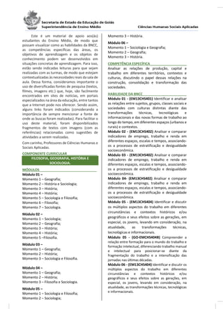 Este é um material de apoio aos(às)
estudantes do Ensino Médio, de modo que
possam visualizar como as habilidades da BNCC,
as competências específicas das áreas, os
objetivos de aprendizagem e os objetos de
conhecimento podem ser desenvolvidos em
situações concretas de aprendizagem. Para isso,
estão sendo indicadas leituras para que sejam
realizadas com as turmas, de modo que estejam
contextualizadas às necessidades reais da sala de
aula. Dessa forma, consideramos importante o
uso de diversificadas fontes de pesquisa (textos,
filmes, imagens etc.) que, hoje, são facilmente
encontrados em sites de notícias, em portais
especializados na área da educação, entre tantos
que a Internet pode nos oferecer. Sendo assim,
alguns links foram indicados (considerando a
importância de sempre mencionar a fonte de
onde as buscas foram realizadas). Para facilitar o
uso deste material, foram disponibilizados
fragmentos de textos com imagens (com as
referências) relacionadas como sugestões de
atividades a serem realizadas.
Com carinho, Professores de Ciências Humanas e
Sociais Aplicadas.
COMPONENTE CURRICULAR________________
FILOSOFIA, GEOGRAFIA, HISTÓRIA E
SOCIOLOGIA.
MÓDULOS______________________________
Módulo 01 –
Momento 1 – Geografia;
Momento 2 – História e Sociologia;
Momento 3 – História;
Momento 4 – História;
Momento 5 – Sociologia e Filosofia;
Momento 6 – Filosofia;
Momento 7 – Sociologia.
Módulo 02 –
Momento 1 – Sociologia;
Momento 2 – Geografia;
Momento 3 – História;
Momento 4 – História;
Momento 5 –Filosofia.
Módulo 03 –
Momento 1 – Geografia;
Momento 2 – História;
Momento 3 – Sociologia e Filosofia.
Módulo 04 –
Momento 1 – Geografia;
Momento 2 – História;
Momento 3 – Filosofia e Sociologia.
Módulo 05 –
Momento 1 – Sociologia e Filosofia;
Momento 2 – Sociologia;
Momento 3 – História.
Módulo 06 –
Momento 1 – Sociologia e Geografia;
Momento 2 – Geografia;
Momento 3 – História.
COMPETÊNCIA ESPECÍFICA ____________________
Analisar as relações de produção, capital e
trabalho em diferentes territórios, contextos e
culturas, discutindo o papel dessas relações na
construção, consolidação e transformação das
sociedades.
HABILIDADE DA BNCC_______________________
Módulo 01 - (EM13CHS401) Identificar e analisar
as relações entre sujeitos, grupos, classes sociais e
sociedades com culturas distintas diante das
transformações técnicas, tecnológicas e
informacionais e das novas formas de trabalho ao
longo do tempo, em diferentes espaços (urbanos e
rurais) e contextos.
Módulo 02 - (EM13CHS402) Analisar e comparar
indicadores de emprego, trabalho e renda em
diferentes espaços, escalas e tempos, associando-
os a processos de estratificação e desigualdade
socioeconômica.
Módulo 03 - (EM13CHS402) Analisar e comparar
indicadores de emprego, trabalho e renda em
diferentes espaços, escalas e tempos, associando-
os a processos de estratificação e desigualdade
socioeconômica.
Módulo 04- (EM13CHS402) Analisar e comparar
indicadores de emprego, trabalho e renda em
diferentes espaços, escalas e tempos, associando-
os a processos de estratificação e desigualdade
socioeconômica.
Módulo 05 - (EM13CHS404) Identificar e discutir
os múltiplos aspectos do trabalho em diferentes
circunstâncias e contextos históricos e/ou
geográficos e seus efeitos sobre as gerações, em
especial, os jovens, levando em consideração, na
atualidade, as transformações técnicas,
tecnológicas e informacionais.
Módulo 05 - (GO-EMCHS404B) Compreender a
relação entre formação para o mundo do trabalho e
formação intelectual, diferenciando trabalho manual
e intelectual para posicionar-se diante da
fragmentação do trabalho e a intensificação das
jornadas nas últimas décadas.
Módulo 06 - (EM13CHS404) Identificar e discutir os
múltiplos aspectos do trabalho em diferentes
circunstâncias e contextos históricos e/ou
geográficos e seus efeitos sobre as gerações, em
especial, os jovens, levando em consideração, na
atualidade, as transformações técnicas, tecnológicas
e informacionais.
 