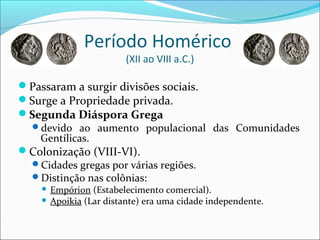 Período Homérico
(XII ao VIII a.C.)
Passaram a surgir divisões sociais.
Surge a Propriedade privada.
Segunda Diáspora Grega
devido ao aumento populacional das Comunidades
Gentílicas.
Colonização (VIII-VI).
Cidades gregas por várias regiões.
Distinção nas colônias:
 Empórion (Estabelecimento comercial).
 Apoikia (Lar distante) era uma cidade independente.
 