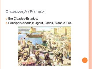 ORGANIZAÇÃO POLÍTICA:
 Em Cidades-Estados;
 Principais cidades: Ugarit, Biblos, Sidon e Tiro.
 