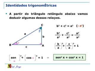 Identidades trigonométricas A partir do triângulo retângulo abaixo vamos deduzir algumas dessas relações.  A C B a c b ⍺ b 2  + c 2  = a 2 ( : a 2 ) b 2 a 2 + c 2 a 2 = a 2 a 2 b a + c a = 1 2 2 sen  ⍺ + cos  ⍺ = 1 2 2 ⇒ sen 2   x  + cos 2   x  = 1 