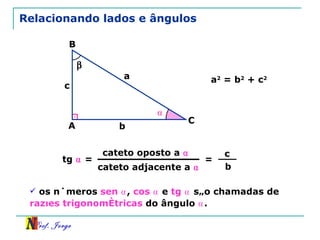Relacionando lados e ângulos A B C a b c a 2  = b 2  + c 2 ⍺ cateto oposto a  ⍺ = tg  ⍺  = c b cateto adjacente a  ⍺  os números  sen  ⍺ ,  cos  ⍺   e  tg  ⍺   são chamadas de  razões trigonométricas  do ângulo  ⍺ .  