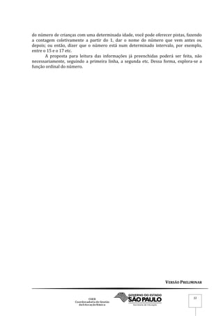 VERSÃO PRELIMINAR
22
do número de crianças com uma determinada idade, você pode oferecer pistas, fazendo
a contagem coletivamente a partir do 1, dar o nome do número que vem antes ou
depois; ou então, dizer que o número está num determinado intervalo, por exemplo,
entre o 15 e o 17 etc.
A proposta para leitura das informações já preenchidas poderá ser feita, não
necessariamente, seguindo a primeira linha, a segunda etc. Dessa forma, explora-se a
função ordinal do número.
 