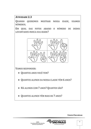 VERSÃO PRELIMINAR
27
ATIVIDADE 2.3
QUANDO QUEREMOS MOSTRAR NOSSA IDADE, USAMOS
NÚMEROS.
EM QUAL DAS FOTOS ABAIXO O NÚMERO DE DEDOS
LEVANTADOS INDICA SUA IDADE?
VAMOS RESPONDER:
 QUANTOS ANOS VOCÊ TEM?
 QUANTOS ALUNOS DA NOSSA CLASSE TÊM 6 ANOS?
 HÁ ALUNOS COM 7 ANOS? QUANTOS SÃO?
 QUANTOS ALUNOS TÊM MAIS DE 7 ANOS?
 