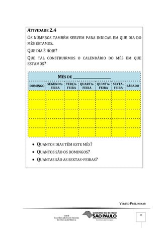 VERSÃO PRELIMINAR
29
ATIVIDADE 2.4
OS NÚMEROS TAMBÉM SERVEM PARA INDICAR EM QUE DIA DO
MÊS ESTAMOS.
QUE DIA É HOJE?
QUE TAL CONSTRUIRMOS O CALENDÁRIO DO MÊS EM QUE
ESTAMOS?
MÊS DE _____________________
DOMINGO
SEGUNDA-
FEIRA
TERÇA-
FEIRA
QUARTA-
FEIRA
QUINTA-
FEIRA
SEXTA-
FEIRA
SÁBADO
 QUANTOS DIAS TÊM ESTE MÊS?
 QUANTOS SÃO OS DOMINGOS?
 QUANTAS SÃO AS SEXTAS-FEIRAS?
 