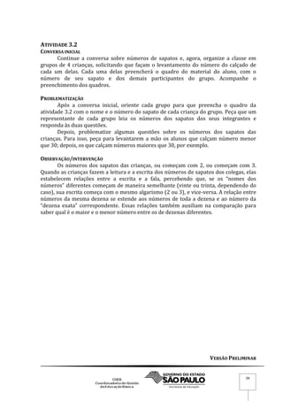 VERSÃO PRELIMINAR
34
ATIVIDADE 3.2
CONVERSA INICIAL
Continue a conversa sobre números de sapatos e, agora, organize a classe em
grupos de 4 crianças, solicitando que façam o levantamento do número do calçado de
cada um delas. Cada uma delas preencherá o quadro do material do aluno, com o
número de seu sapato e dos demais participantes do grupo. Acompanhe o
preenchimento dos quadros.
PROBLEMATIZAÇÃO
Após a conversa inicial, oriente cada grupo para que preencha o quadro da
atividade 3.2 com o nome e o número do sapato de cada criança do grupo. Peça que um
representante de cada grupo leia os números dos sapatos dos seus integrantes e
responda às duas questões.
Depois, problematize algumas questões sobre os números dos sapatos das
crianças. Para isso, peça para levantarem a mão os alunos que calçam número menor
que 30; depois, os que calçam números maiores que 30, por exemplo.
OBSERVAÇÃO/INTERVENÇÃO
Os números dos sapatos das crianças, ou começam com 2, ou começam com 3.
Quando as crianças fazem a leitura e a escrita dos números de sapatos dos colegas, elas
estabelecem relações entre a escrita e a fala, percebendo que, se os “nomes dos
números” diferentes começam de maneira semelhante (vinte ou trinta, dependendo do
caso), sua escrita começa com o mesmo algarismo (2 ou 3), e vice-versa. A relação entre
números da mesma dezena se estende aos números de toda a dezena e ao número da
“dezena exata” correspondente. Essas relações também auxiliam na comparação para
saber qual é o maior e o menor número entre os de dezenas diferentes.
 