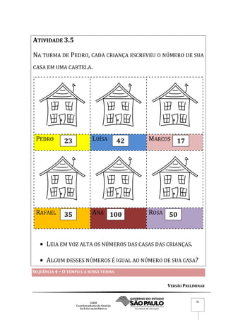 VERSÃO PRELIMINAR
41
ATIVIDADE 3.5
NA TURMA DE PEDRO, CADA CRIANÇA ESCREVEU O NÚMERO DE SUA
CASA EM UMA CARTELA.
PEDRO LUÍSA MARCOS
RAFAEL ANA ROSA
 LEIA EM VOZ ALTA OS NÚMEROS DAS CASAS DAS CRIANÇAS.
 ALGUM DESSES NÚMEROS É IGUAL AO NÚMERO DE SUA CASA?
SEQUÊNCIA 4 – O TEMPO E A NOSSA TURMA
23 42 17
35 100 50
 