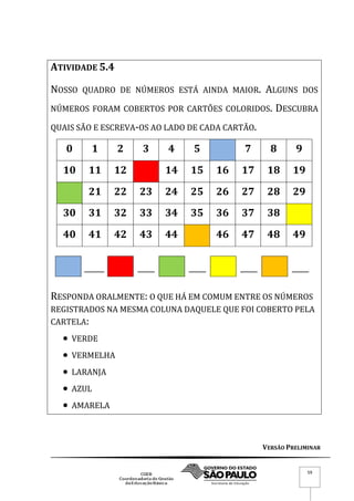 VERSÃO PRELIMINAR
59
ATIVIDADE 5.4
NOSSO QUADRO DE NÚMEROS ESTÁ AINDA MAIOR. ALGUNS DOS
NÚMEROS FORAM COBERTOS POR CARTÕES COLORIDOS. DESCUBRA
QUAIS SÃO E ESCREVA-OS AO LADO DE CADA CARTÃO.
0 1 2 3 4 5 7 8 9
10 11 12 14 15 16 17 18 19
21 22 23 24 25 26 27 28 29
30 31 32 33 34 35 36 37 38
40 41 42 43 44 46 47 48 49
_______ ______ ______ ______ ______
RESPONDA ORALMENTE: O QUE HÁ EM COMUM ENTRE OS NÚMEROS
REGISTRADOS NA MESMA COLUNA DAQUELE QUE FOI COBERTO PELA
CARTELA:
 VERDE
 VERMELHA
 LARANJA
 AZUL
 AMARELA
 