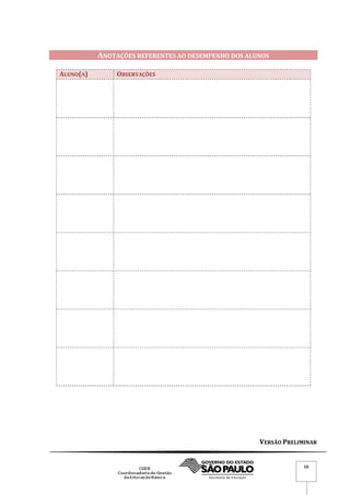 VERSÃO PRELIMINAR
68
ANOTAÇÕES REFERENTES AO DESEMPENHO DOS ALUNOS
ALUNO(A) OBSERVAÇÕES
 